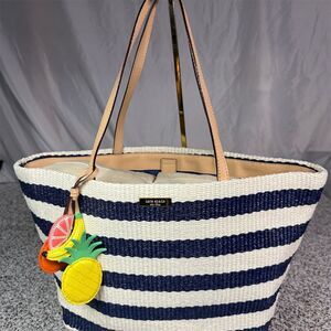 Kate Spade Striped Straw Tote Bag Navy White with Fruit Charms
